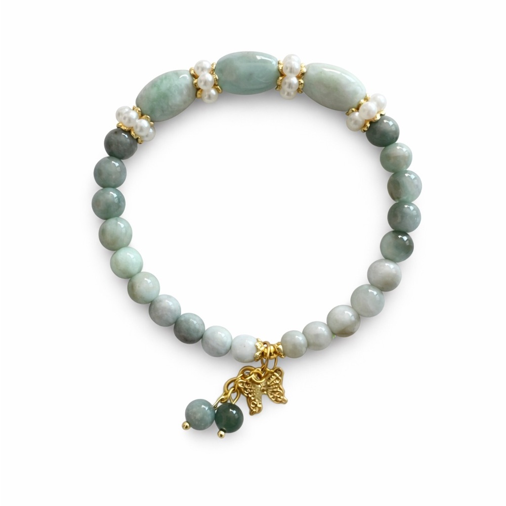 Gold Charm Green Jade Beaded Bracelet